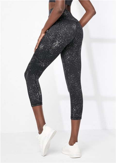 In Stock High Waist Stretchy Unique Silver Sparkle Printing Black 3/4 Gym Leggings Ladies Shiny Yoga Pants